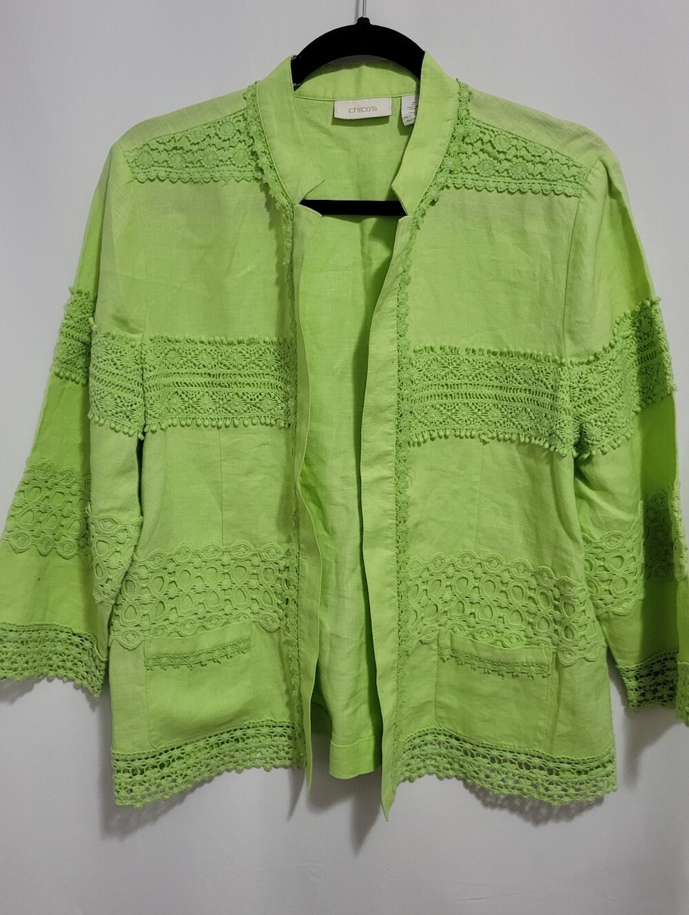 Chico's Lime Green Crochet-Trim Open Front Linen Jacket, Size 2 (Large)